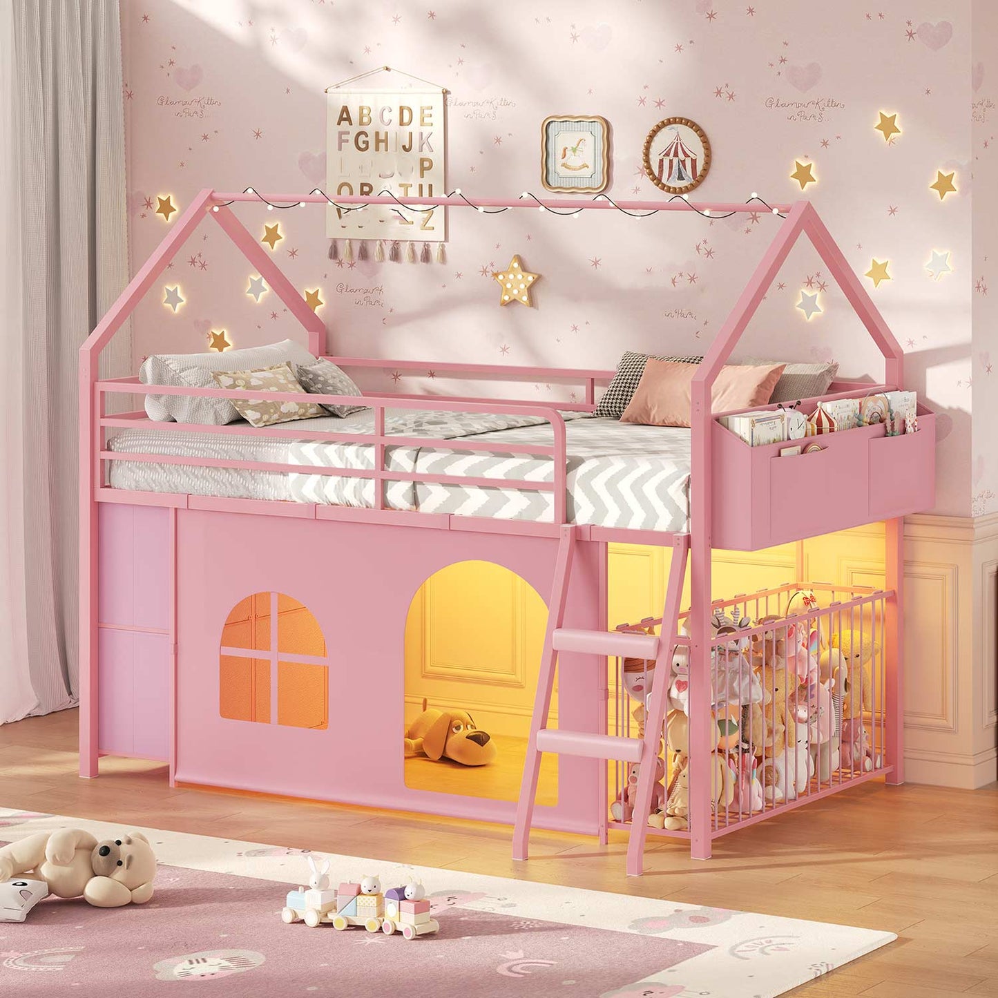 Twin Low Loft Bed with 6 Drawers Stuffed Animal Storage and LED Lights Pink