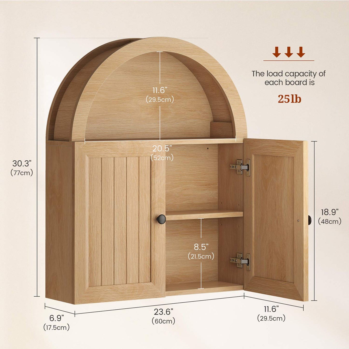 23.6 x 30.3" Arched Bathroom Wall Cabinet Oak