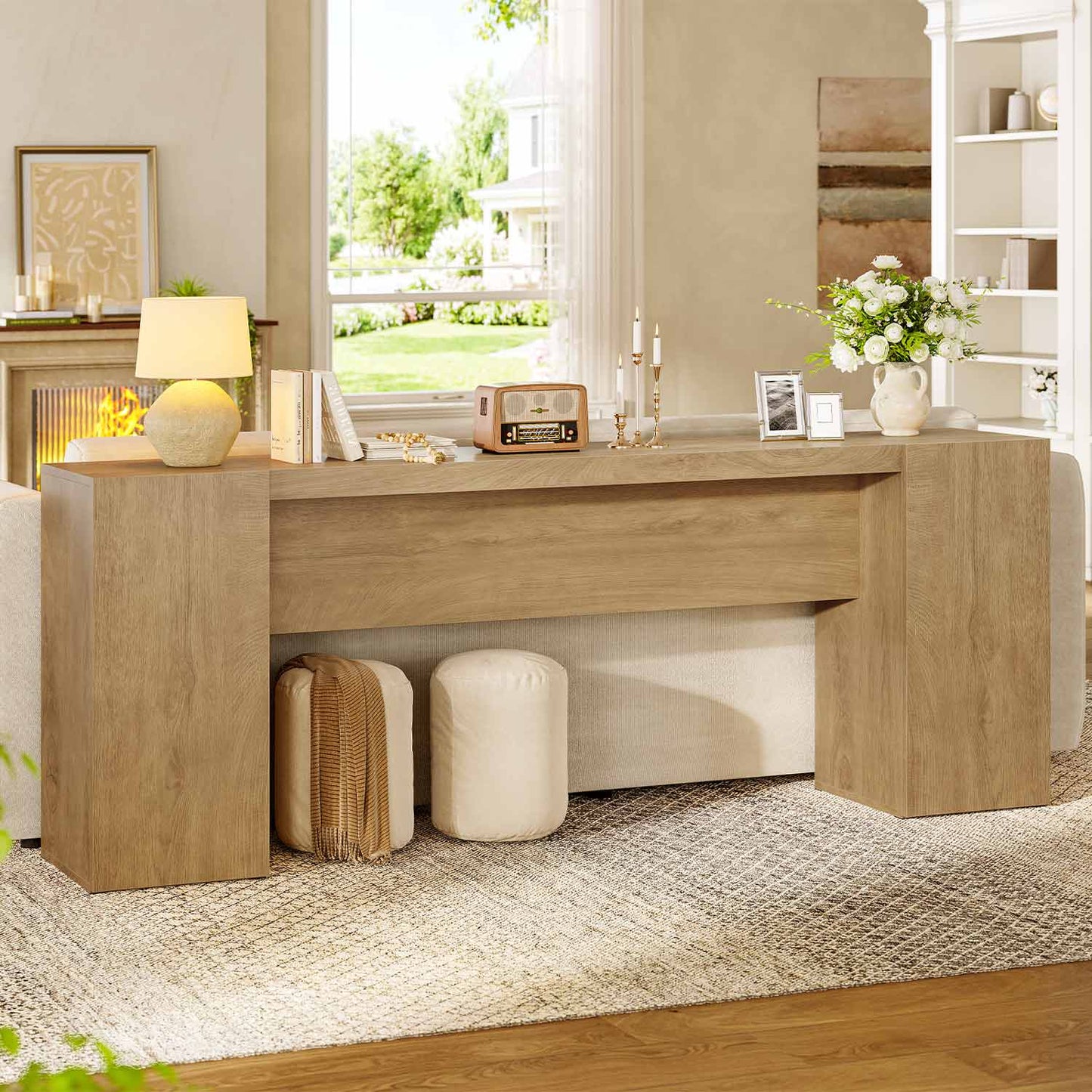 70.9 Inch Console Table with 2 Storage Cabinets Natural Oak