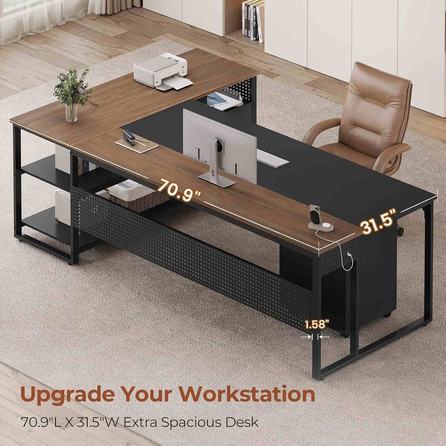 71 in Reversible L Shaped Executive Desk Walnut Brown