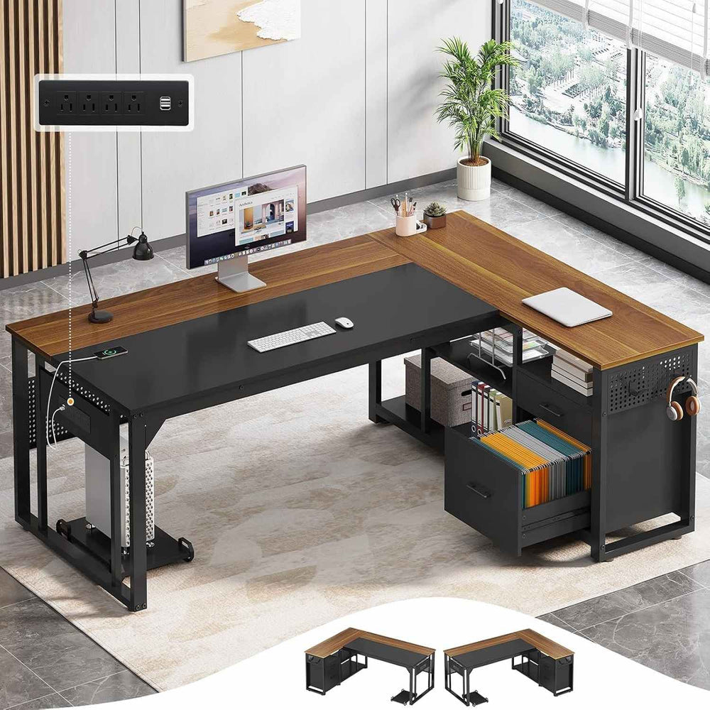 71 in Reversible L Shaped Executive Desk Walnut Brown