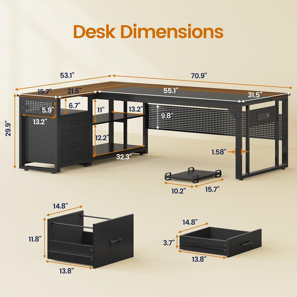 71 in Reversible L Shaped Executive Desk Walnut Brown