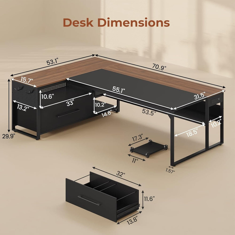 71 in Reversible L Shaped Executive Desk Walnut Brown