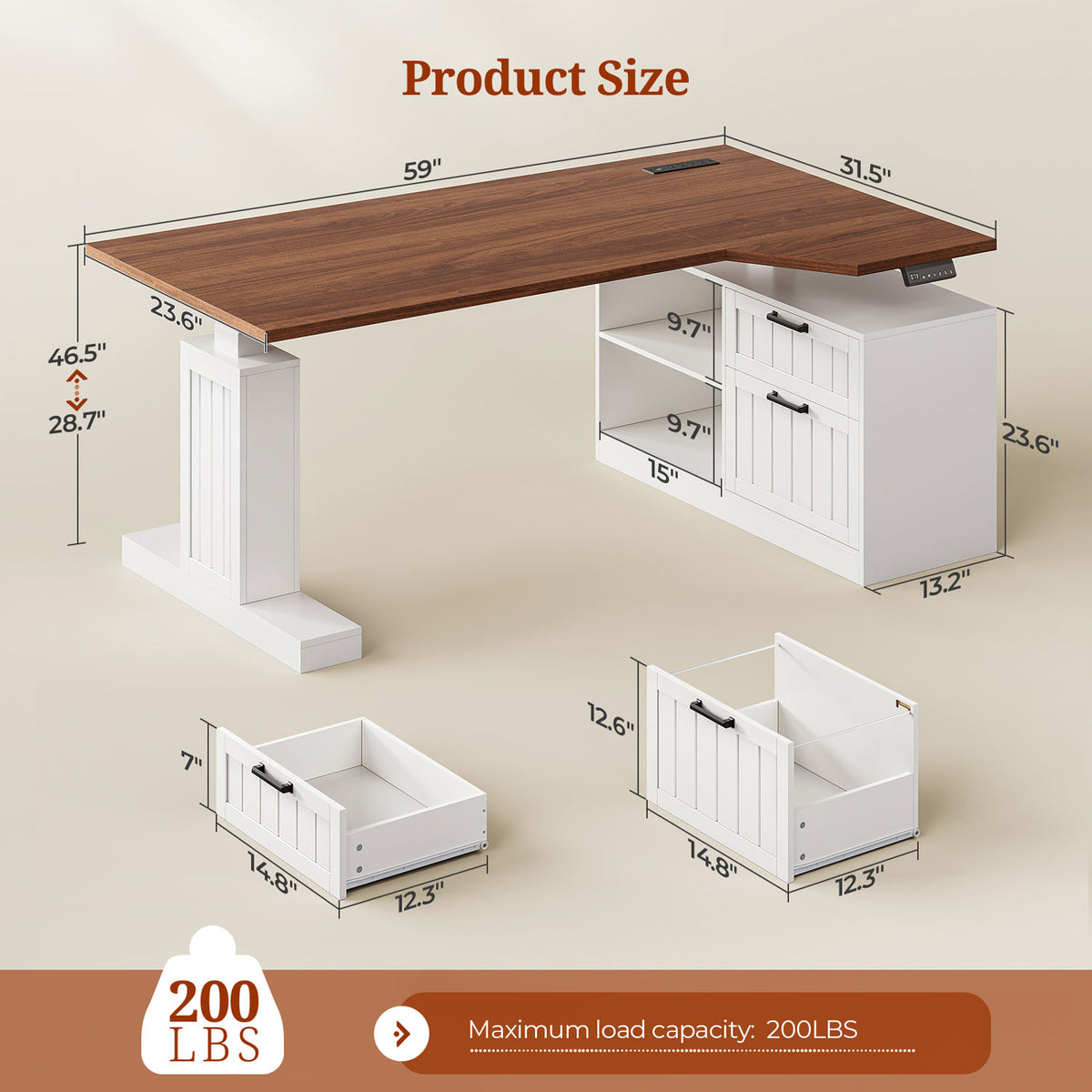 Uposoja L Shaped Electric Standing Desk with Drawers and Storage Shelves White