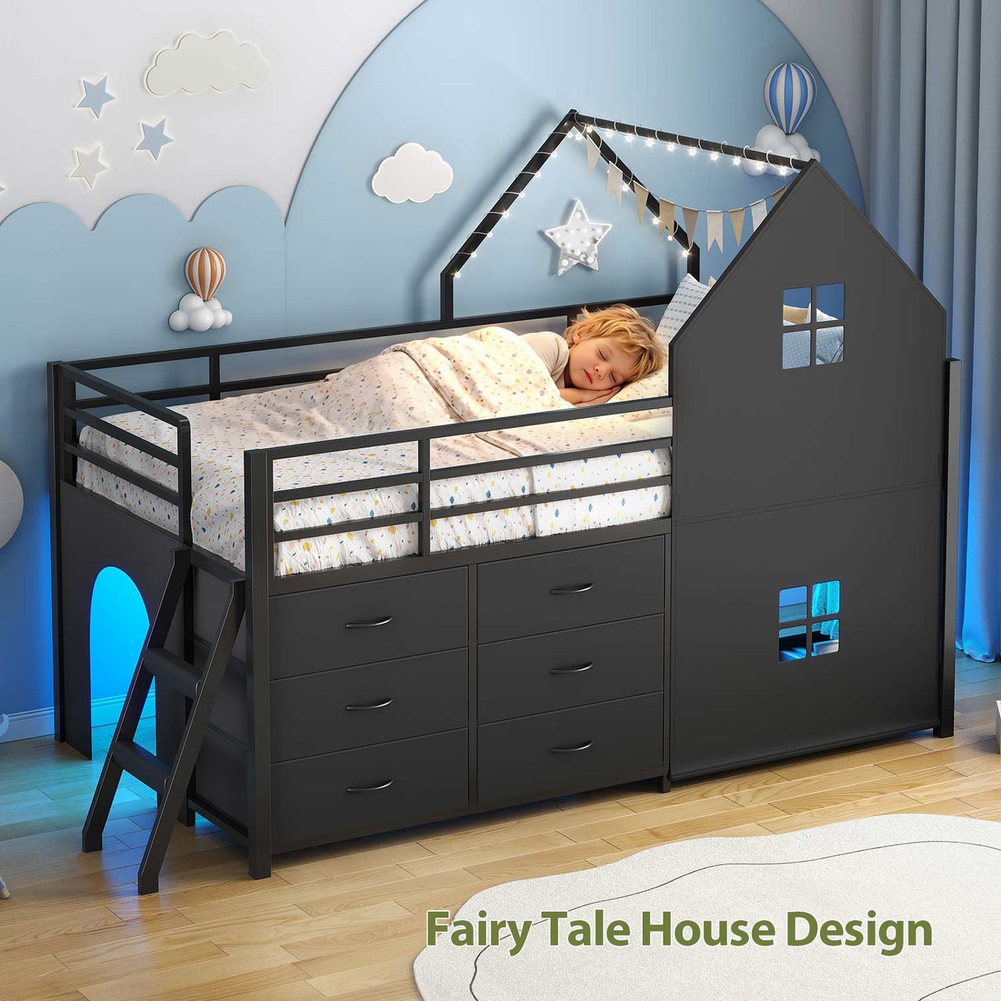Twin-Low Loft Bed with Guardrail Under-Hide Seek Bed Play Space Black