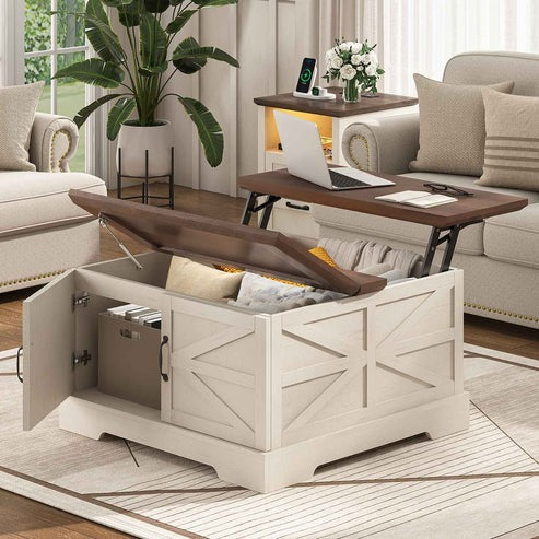 Uposoja 50-Gallon Farmhouse Lift Top Coffee Table in a cozy living room, featuring a rustic design and functional storage space.