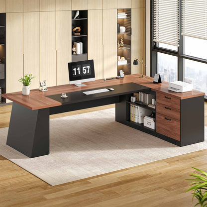 78.7 Inch L Shaped Executive Desk with Power Outlets and Storage Walnut