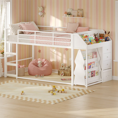 Twin Loft Bed with RGB Lights and Storage Drawers White