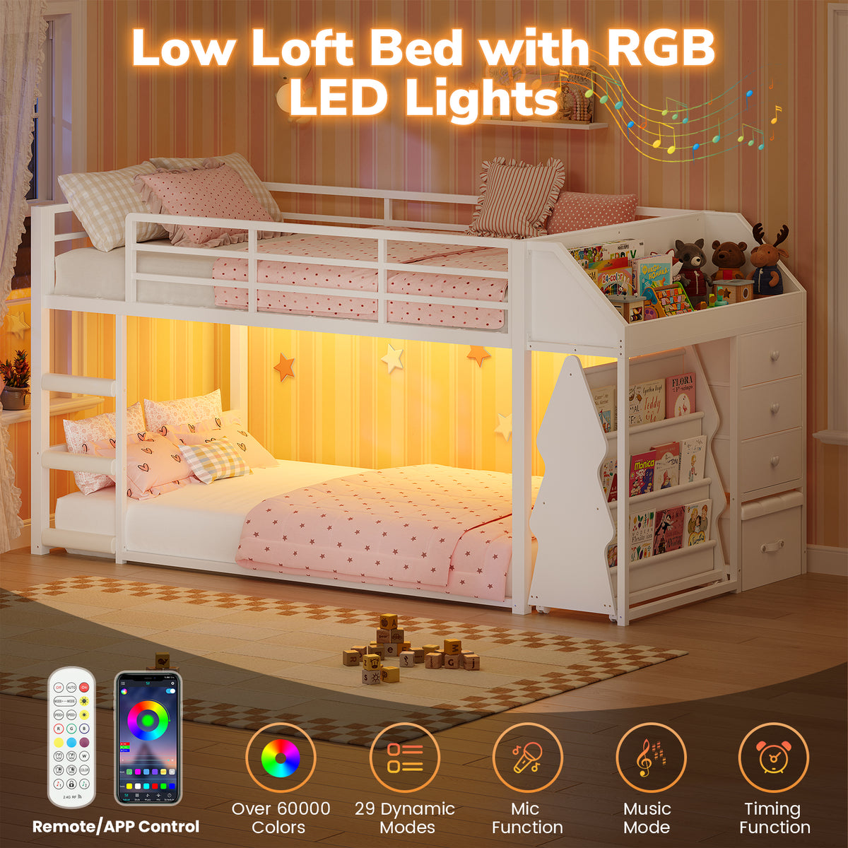 Twin Loft Bed with RGB Lights and Storage Drawers White