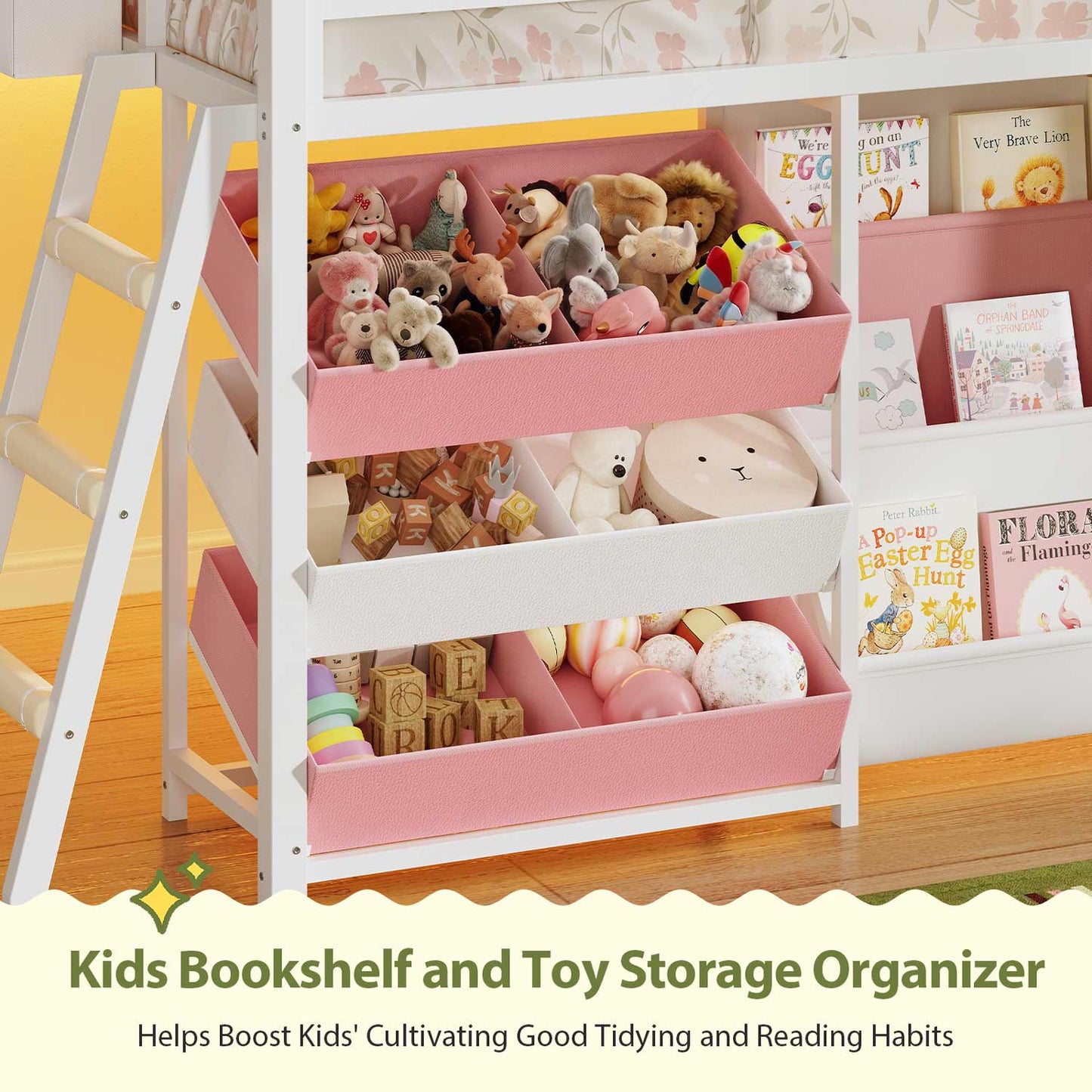 White and Pink Low Loft Bed with LED Lights, Bookshelf, and Toy Storage Bin