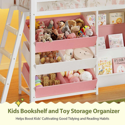 White and Pink Low Loft Bed with LED Lights, Bookshelf, and Toy Storage Bin