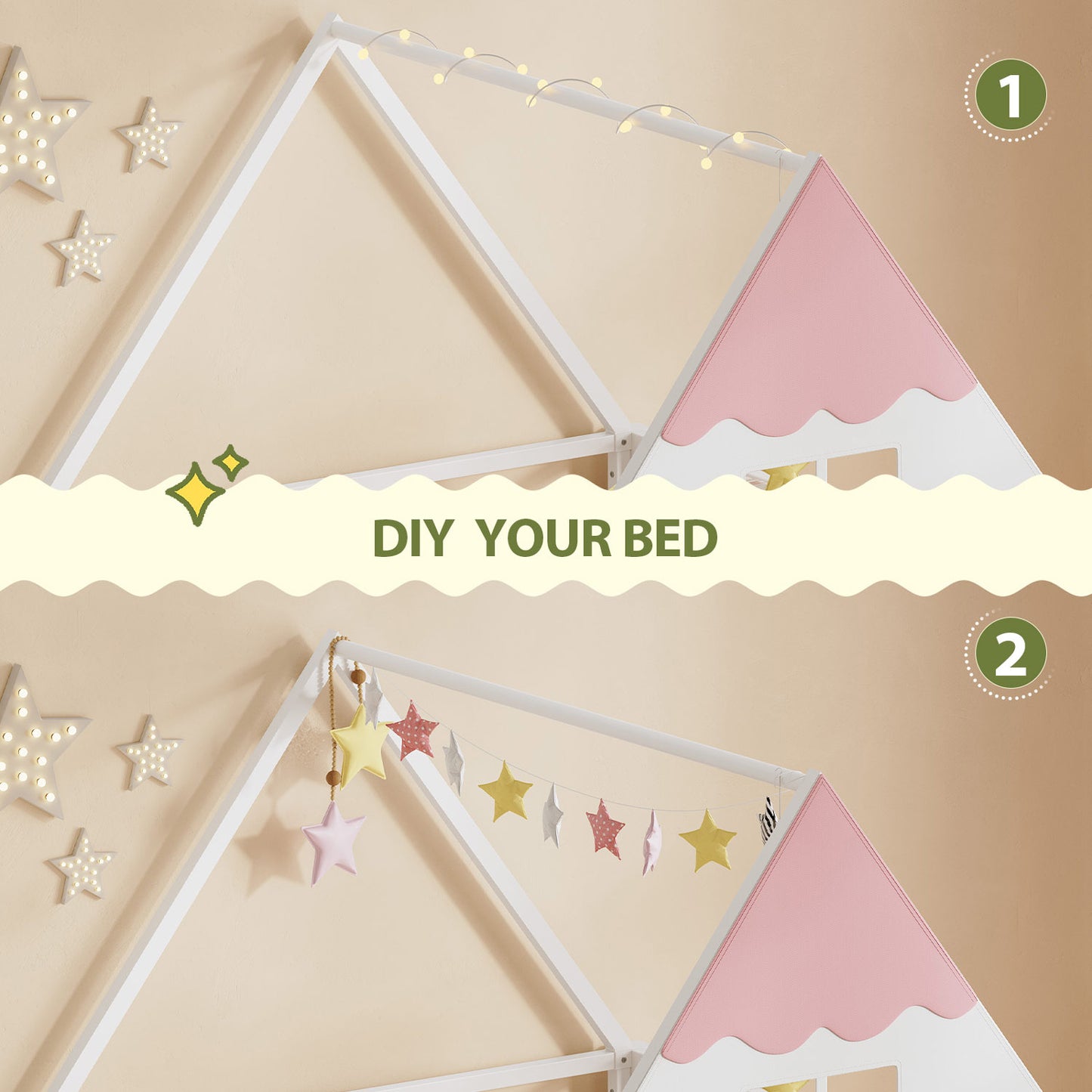 White and Pink Low Loft Bed with LED Lights, Bookshelf, and Toy Storage Bin