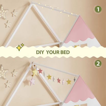 White and Pink Low Loft Bed with LED Lights, Bookshelf, and Toy Storage Bin