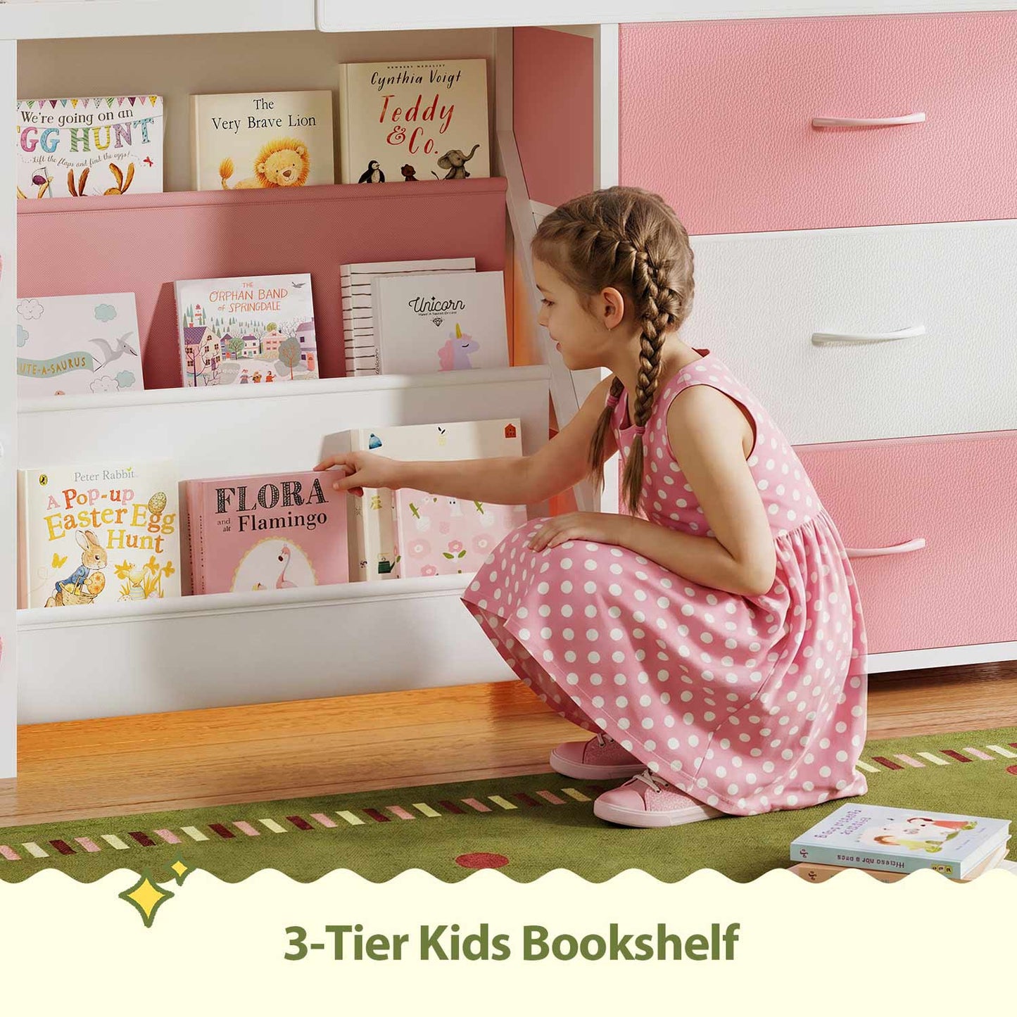 White and Pink Low Loft Bed with LED Lights, Bookshelf, and Toy Storage Bin