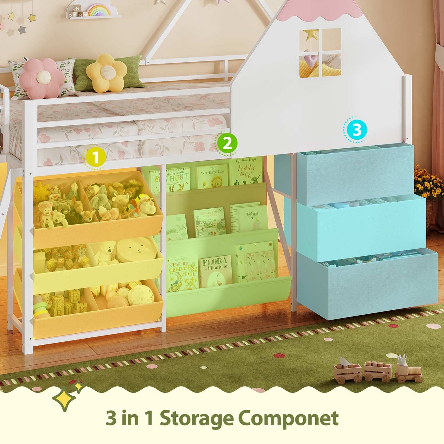 White and Pink Low Loft Bed with LED Lights, Bookshelf, and Toy Storage Bin