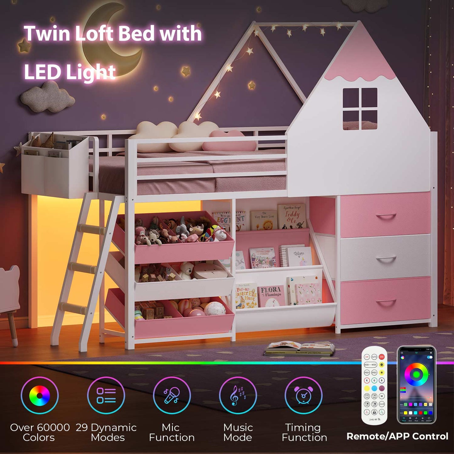 White and Pink Low Loft Bed with LED Lights, Bookshelf, and Toy Storage Bin