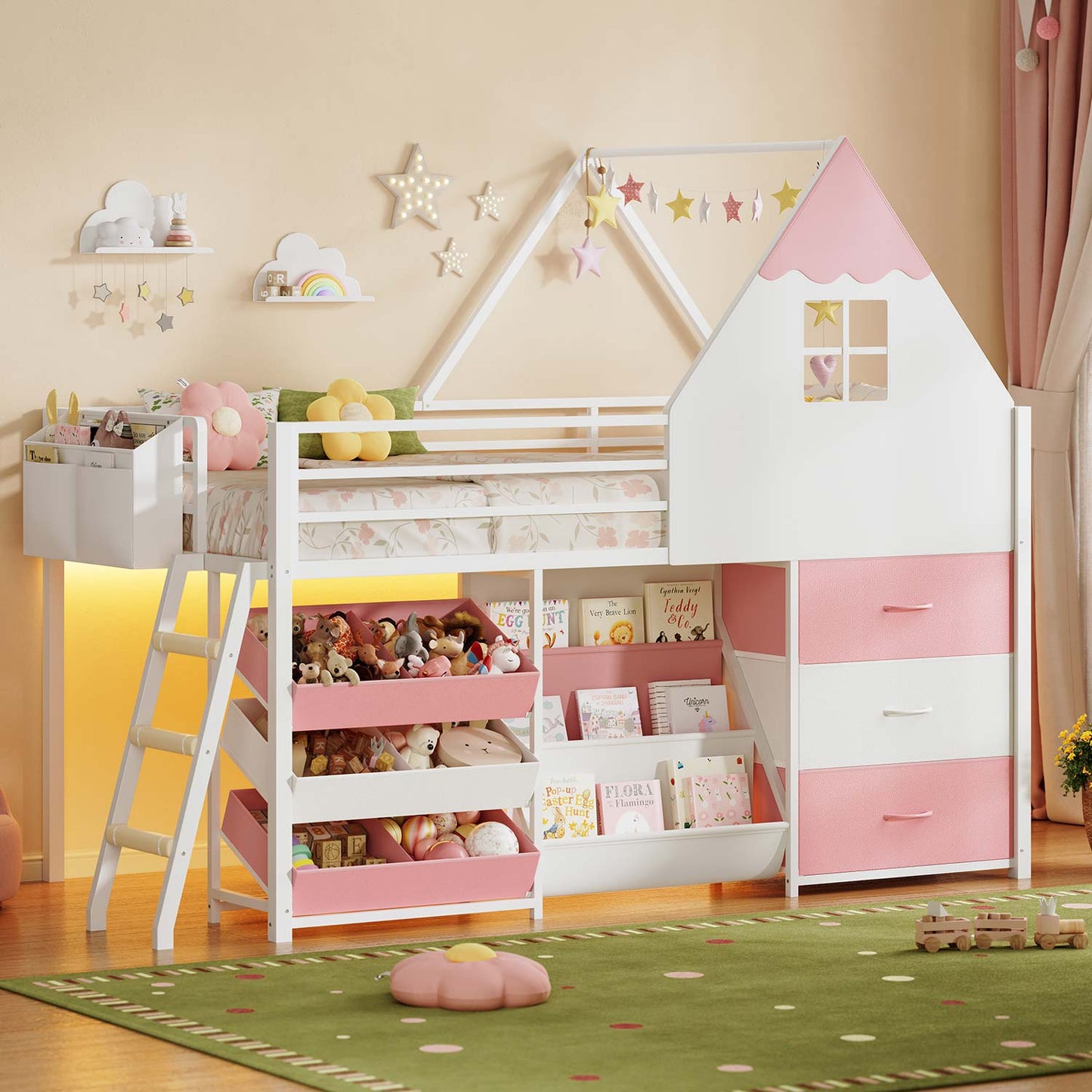 White and Pink Low Loft Bed with LED Lights, Bookshelf, and Toy Storage Bin