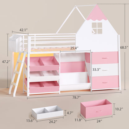 White and Pink Low Loft Bed with LED Lights, Bookshelf, and Toy Storage Bin