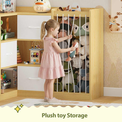 L Shaped Kids Bookshelf with Toy Storage Reading Nook and Movable Drawers Oak