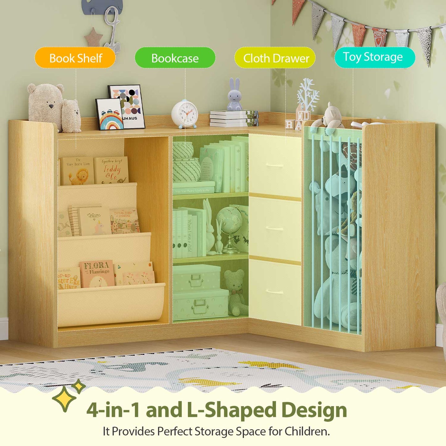 L Shaped Kids Bookshelf with Toy Storage Reading Nook and Movable Drawers Oak