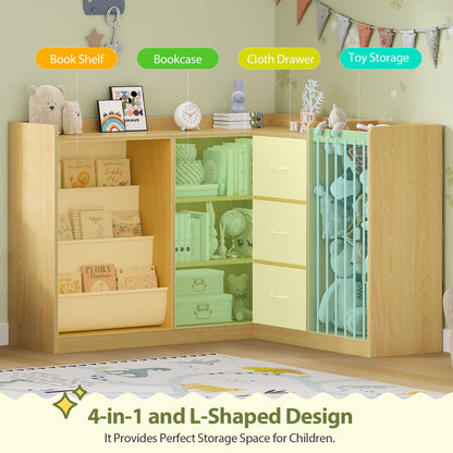 L Shaped Kids Bookshelf with Toy Storage Reading Nook and Movable Drawers Oak