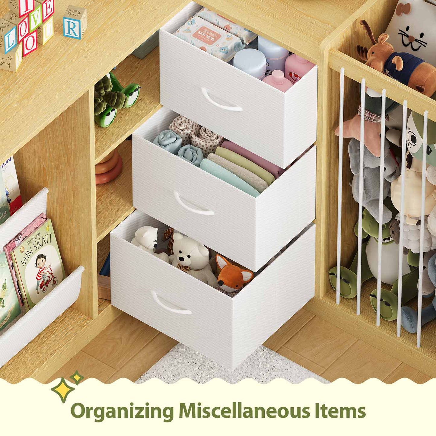 L Shaped Kids Bookshelf with Toy Storage Reading Nook and Movable Drawers Oak