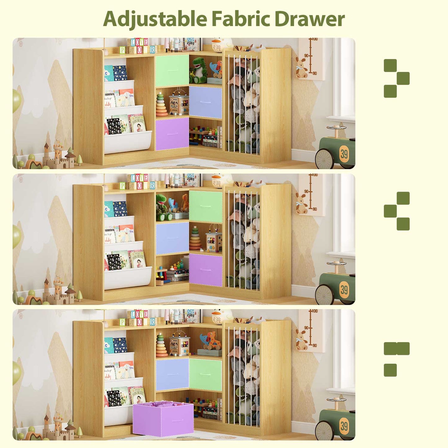 L Shaped Kids Bookshelf with Toy Storage Reading Nook and Movable Drawers Oak