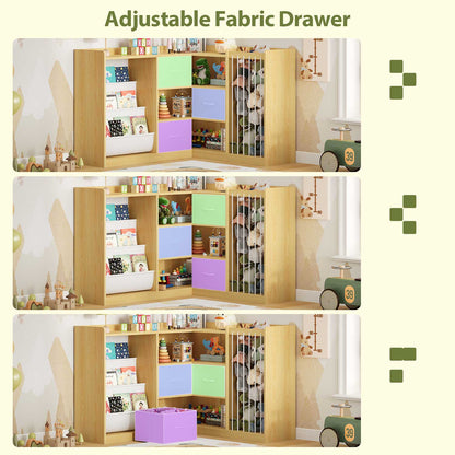 L Shaped Kids Bookshelf with Toy Storage Reading Nook and Movable Drawers Oak