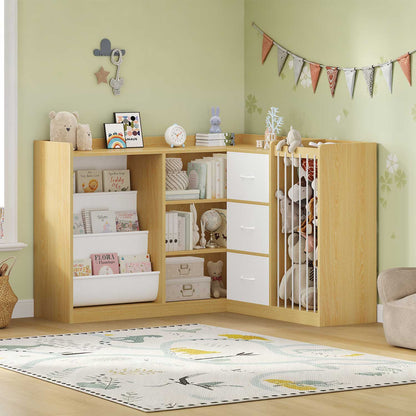 L Shaped Kids Bookshelf with Toy Storage Reading Nook and Movable Drawers Oak