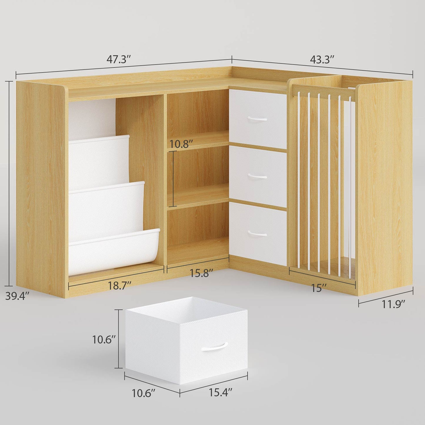 L Shaped Kids Bookshelf with Toy Storage Reading Nook and Movable Drawers Oak