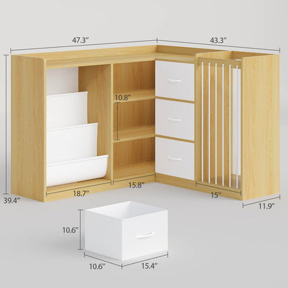L Shaped Kids Bookshelf with Toy Storage Reading Nook and Movable Drawers Oak
