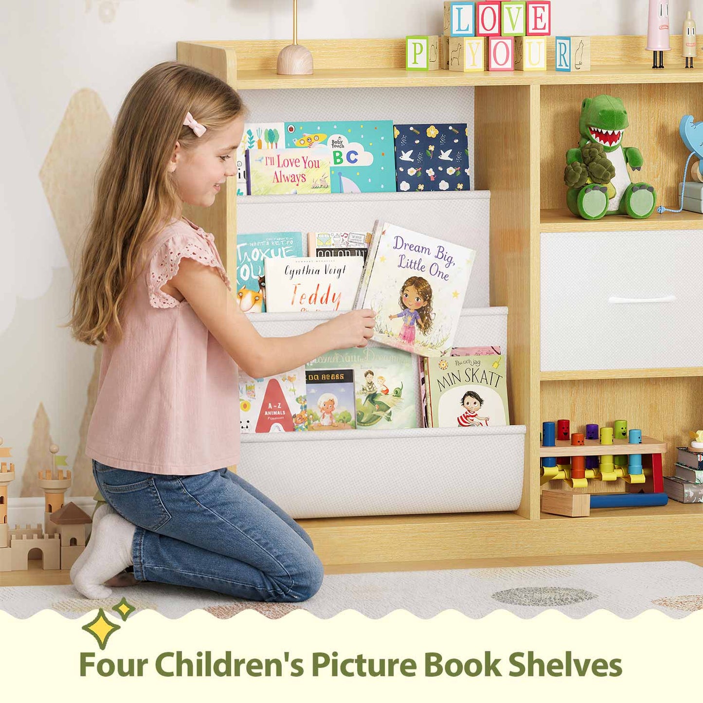 L Shaped Kids Bookshelf with Toy Storage Reading Nook and Movable Drawers Oak