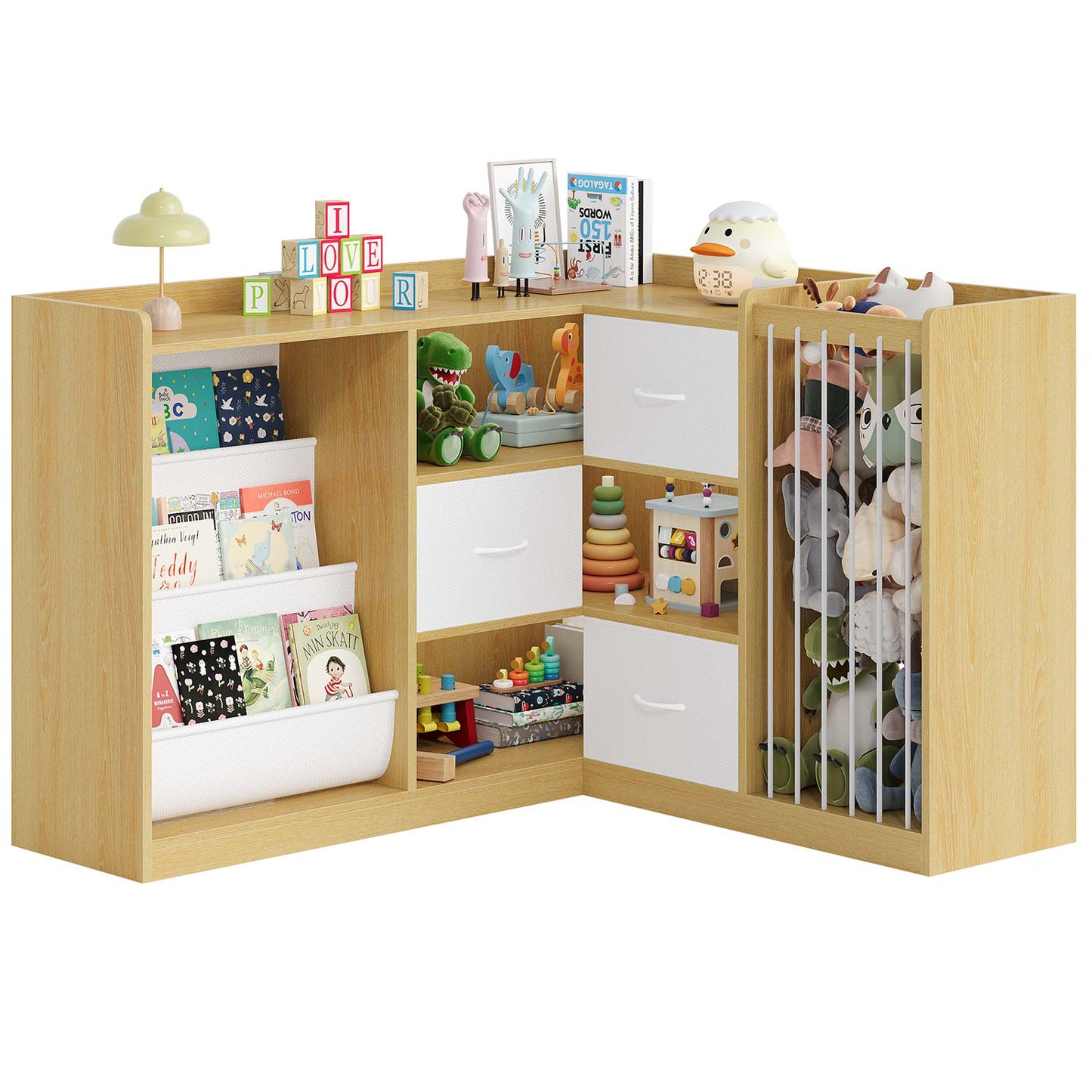 L Shaped Kids Bookshelf with Toy Storage Reading Nook and Movable Drawers Oak
