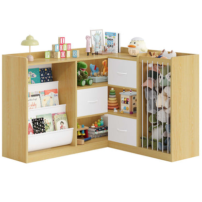L Shaped Kids Bookshelf with Toy Storage Reading Nook and Movable Drawers Oak