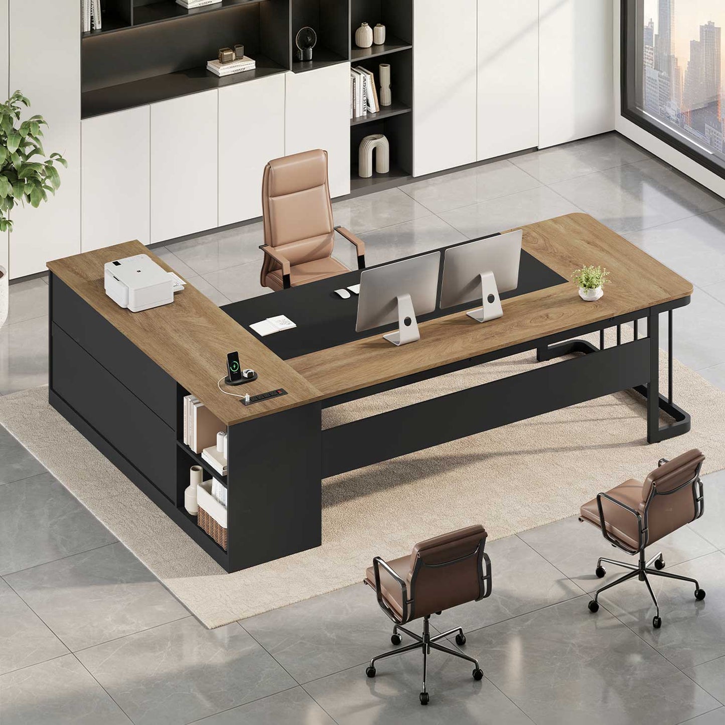 78.7" L Shaped Executive Desk with Drawers Storage Shelves Oak