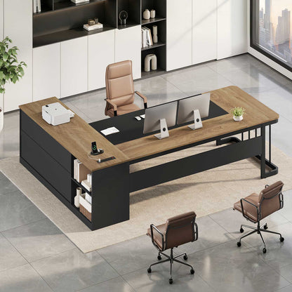 78.7" L Shaped Executive Desk with Drawers Storage Shelves Oak
