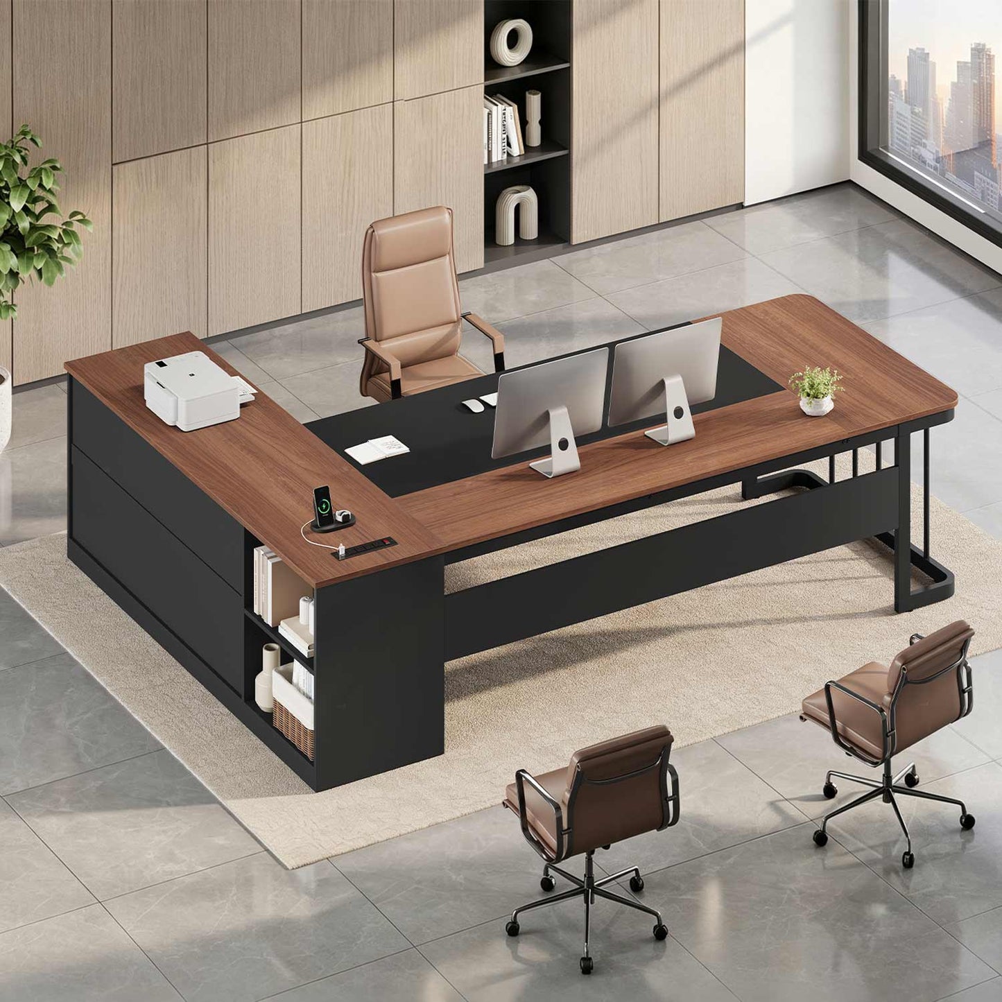 78.7" L Shaped Executive Desk with Drawers Storage Shelves Walnut