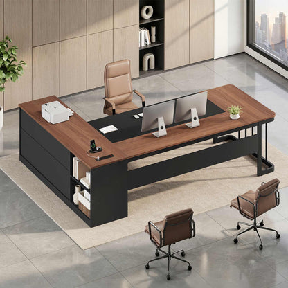 78.7" L Shaped Executive Desk with Drawers Storage Shelves Walnut