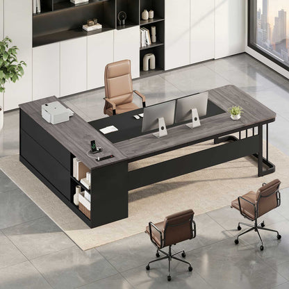 78.7" L Shaped Executive Desk with Drawers Storage Shelves Grey