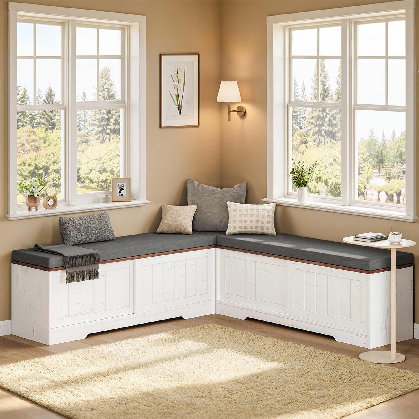 Farmhouse L Shaped Shoe Storage Bench with Hidden Storage White Brown