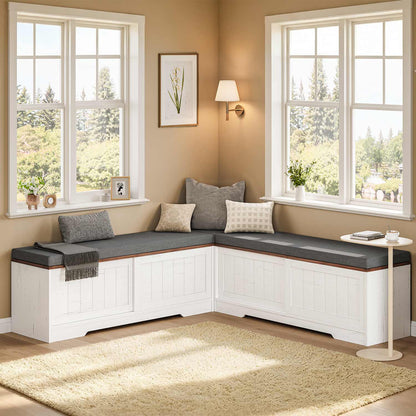 Farmhouse L Shaped Shoe Storage Bench with Hidden Storage White Brown