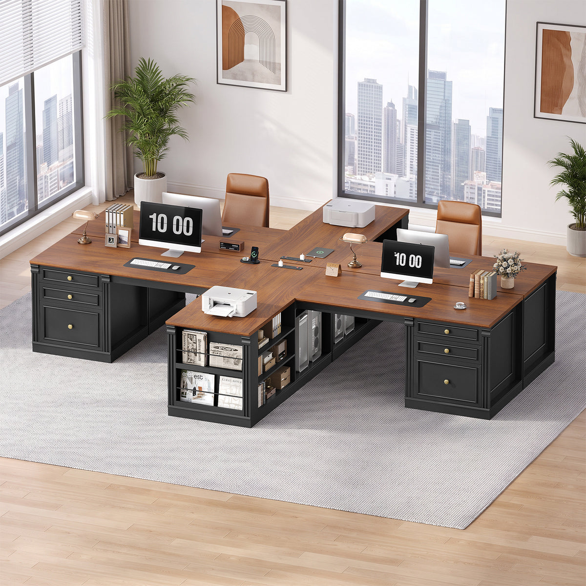 106.3 Inch Two Person Desk T Shaped Workstation Black and Brown