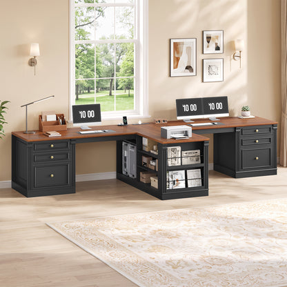 106.3 Inch Two Person Desk T Shaped Workstation Black and Brown