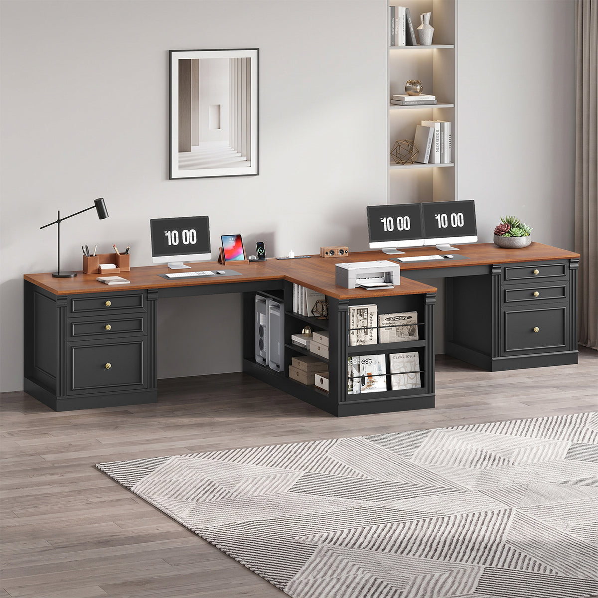106.3 Inch Two Person Desk T Shaped Workstation Black and Brown