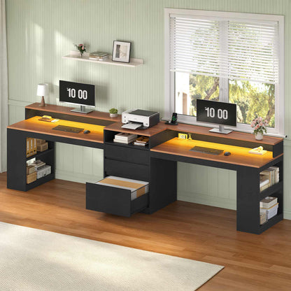 Two Person Computer Desk with LED Lights Power Outlet and Storage Black