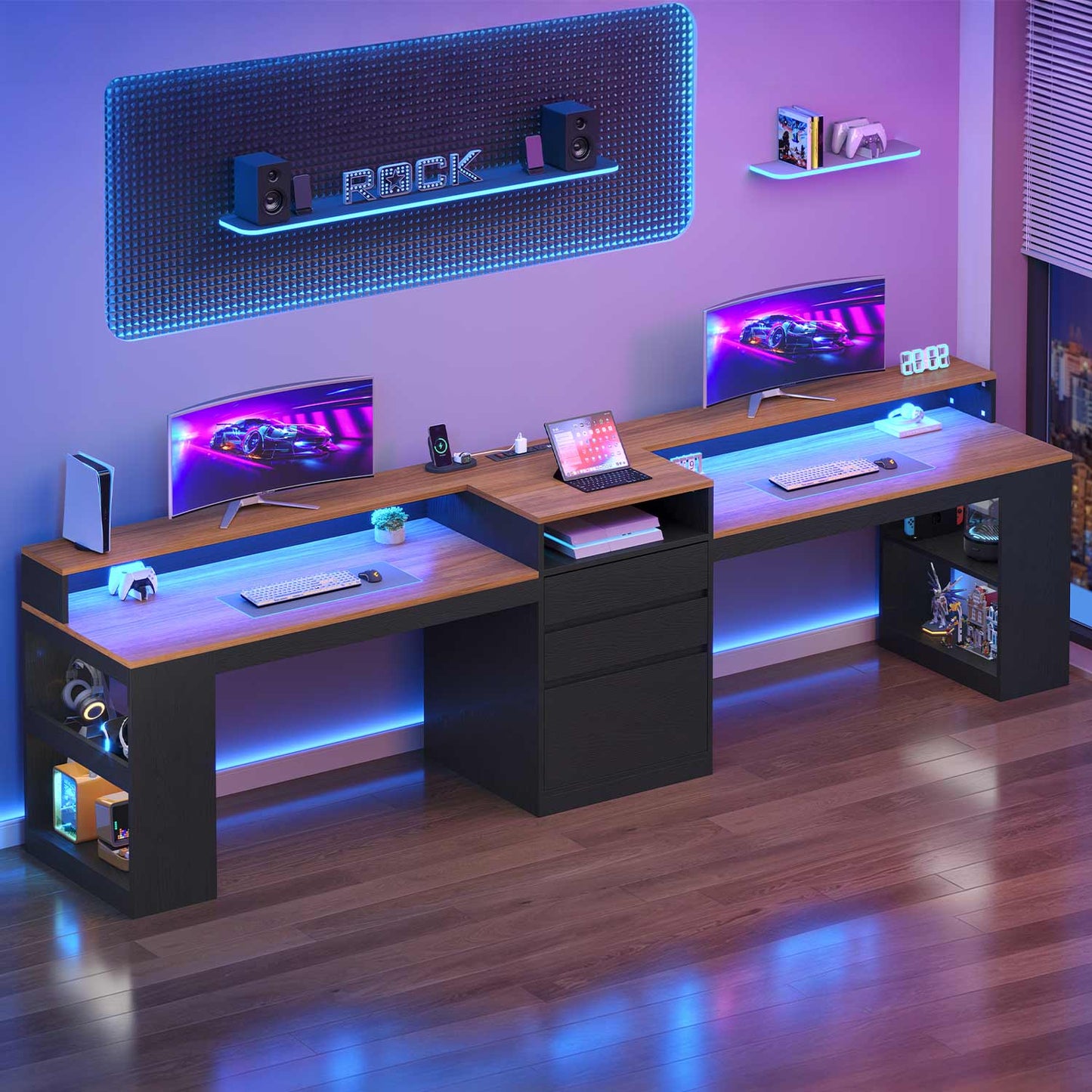 Two Person Computer Desk with LED Lights Power Outlet and Storage Black
