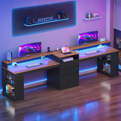 Two Person Computer Desk with LED Lights Power Outlet and Storage Black