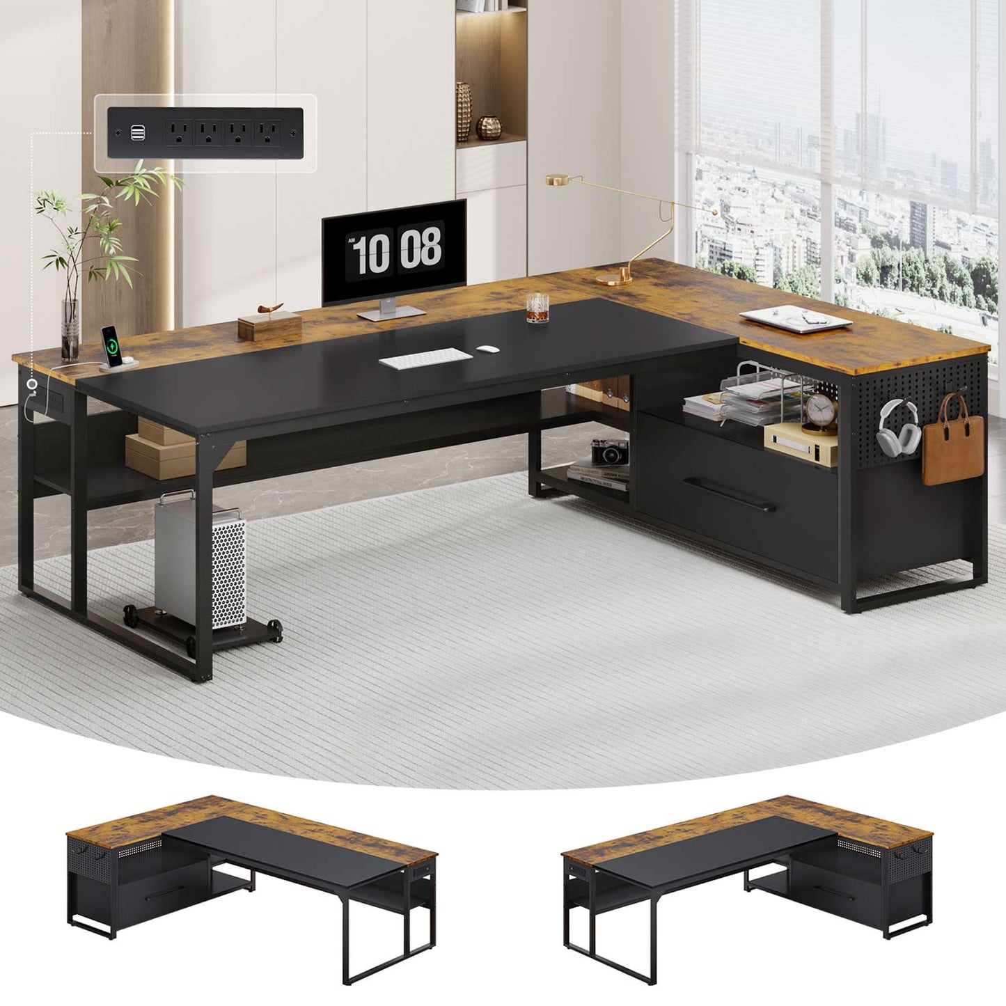 71" Reversible L-Shaped Executive Desk with Storage Shelves & Power Outlets Brown
