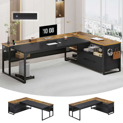 71" Reversible L-Shaped Executive Desk with Storage Shelves & Power Outlets Brown