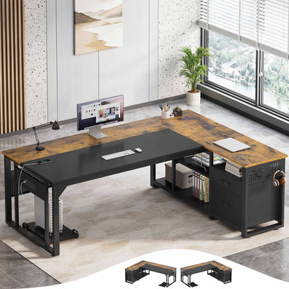 L-Shaped Executive Desk with Power Outlets & Storage Shelves Brown